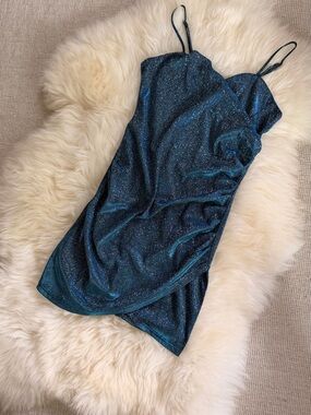Cider Teal Sparkle Ruched Slip Dress